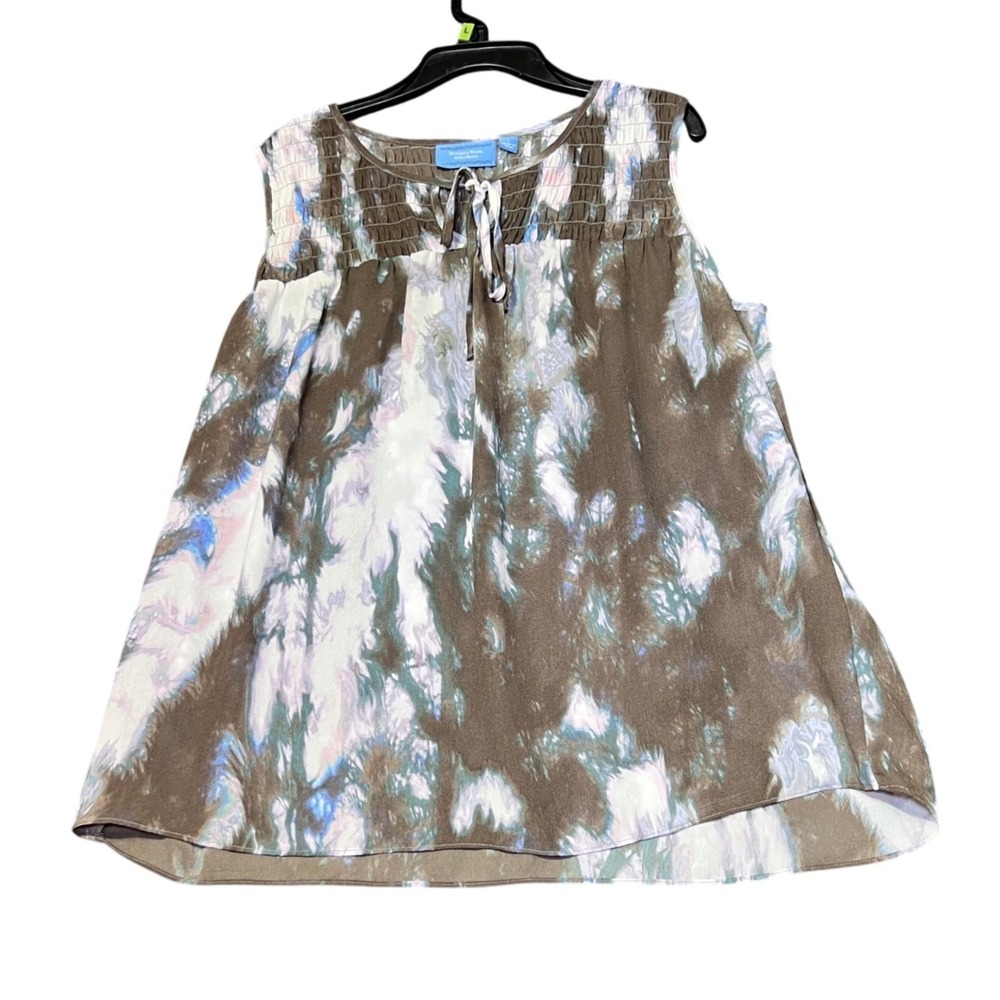 Simply Vera Vera Wang Womens Size Large Tie Neck Top Smocked Sleeveless Tie Dye - Picture 2 of 16